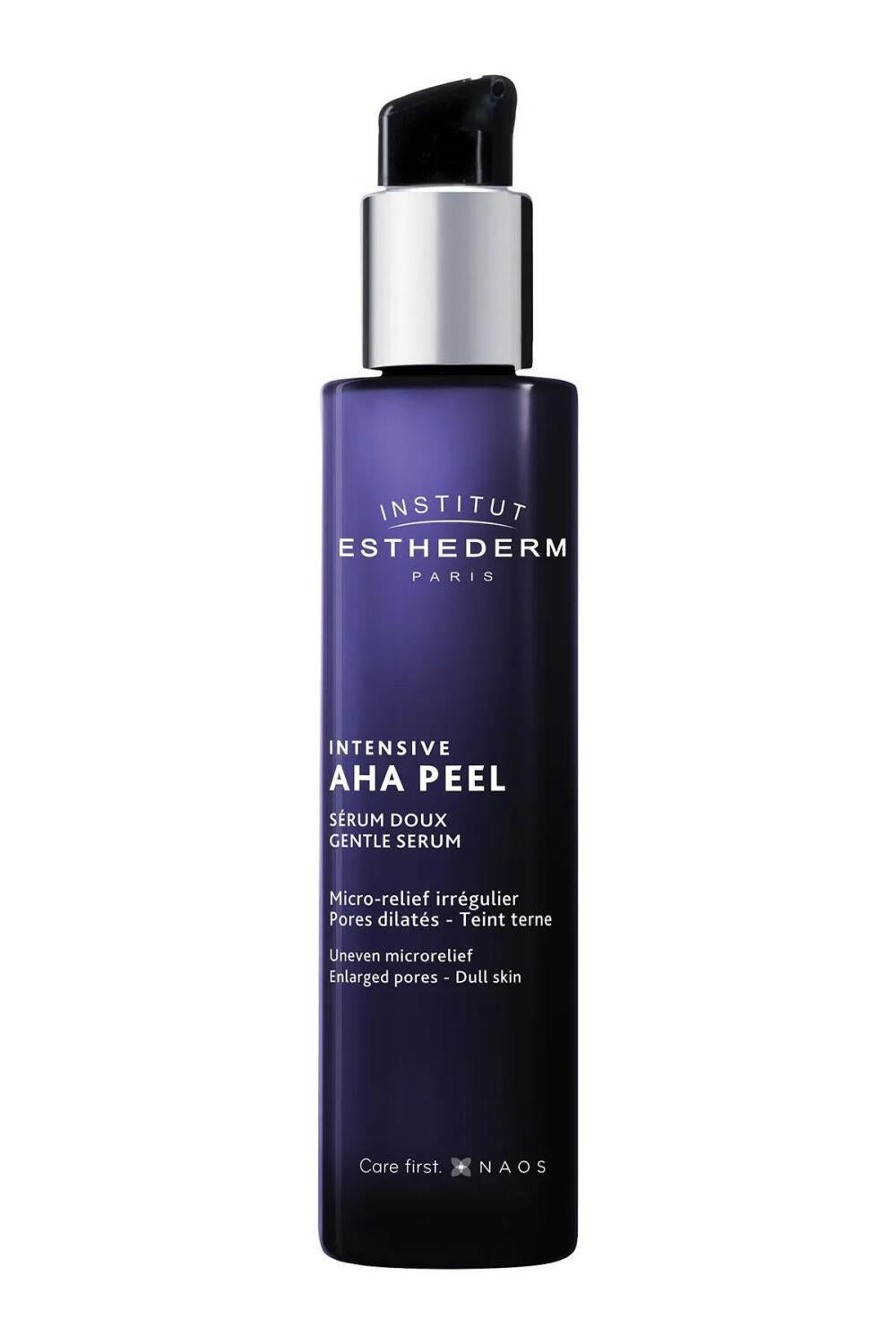Face serum: Institut Esthederm Intensive AHA Peel, purple bottle with pump on Tampa Home & Garden Store