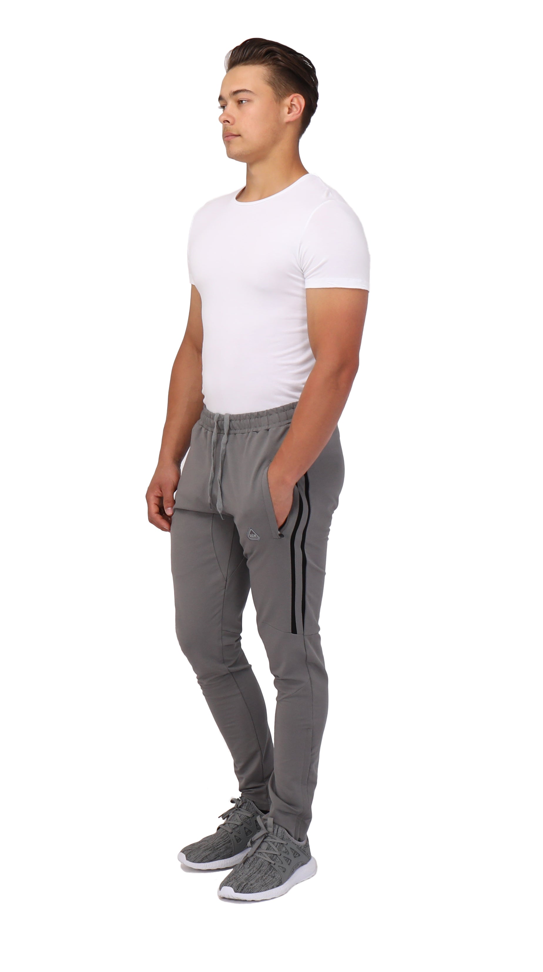 Men's Ultimate Flex Jogger Sweatpants by SCR Sportswear in gray with black side stripes on Tampa Home & Garden Store