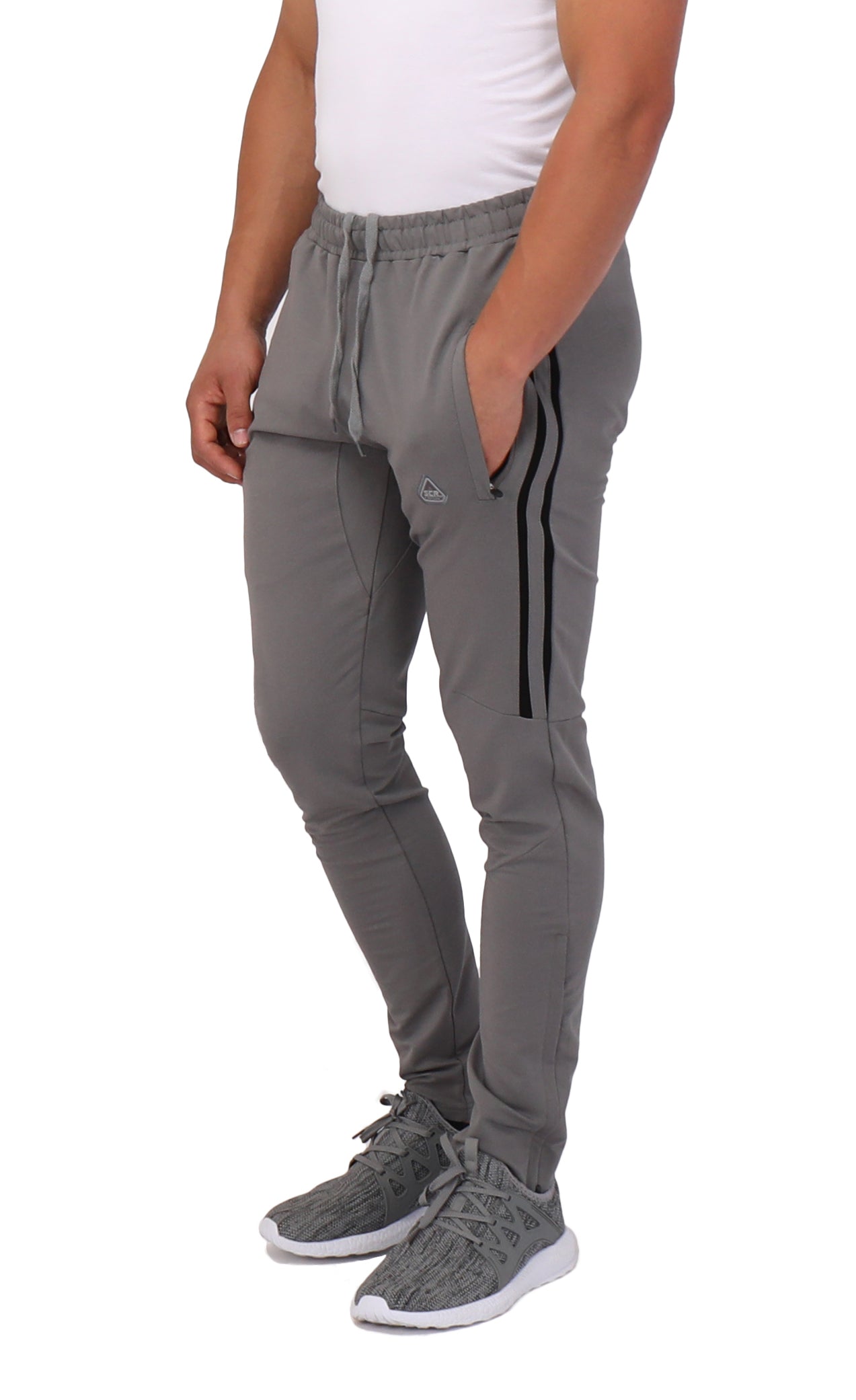 Men's SCR Sportswear Ultimate Flex Jogger Sweatpants in grey with black side stripes on Tampa Home & Garden Store