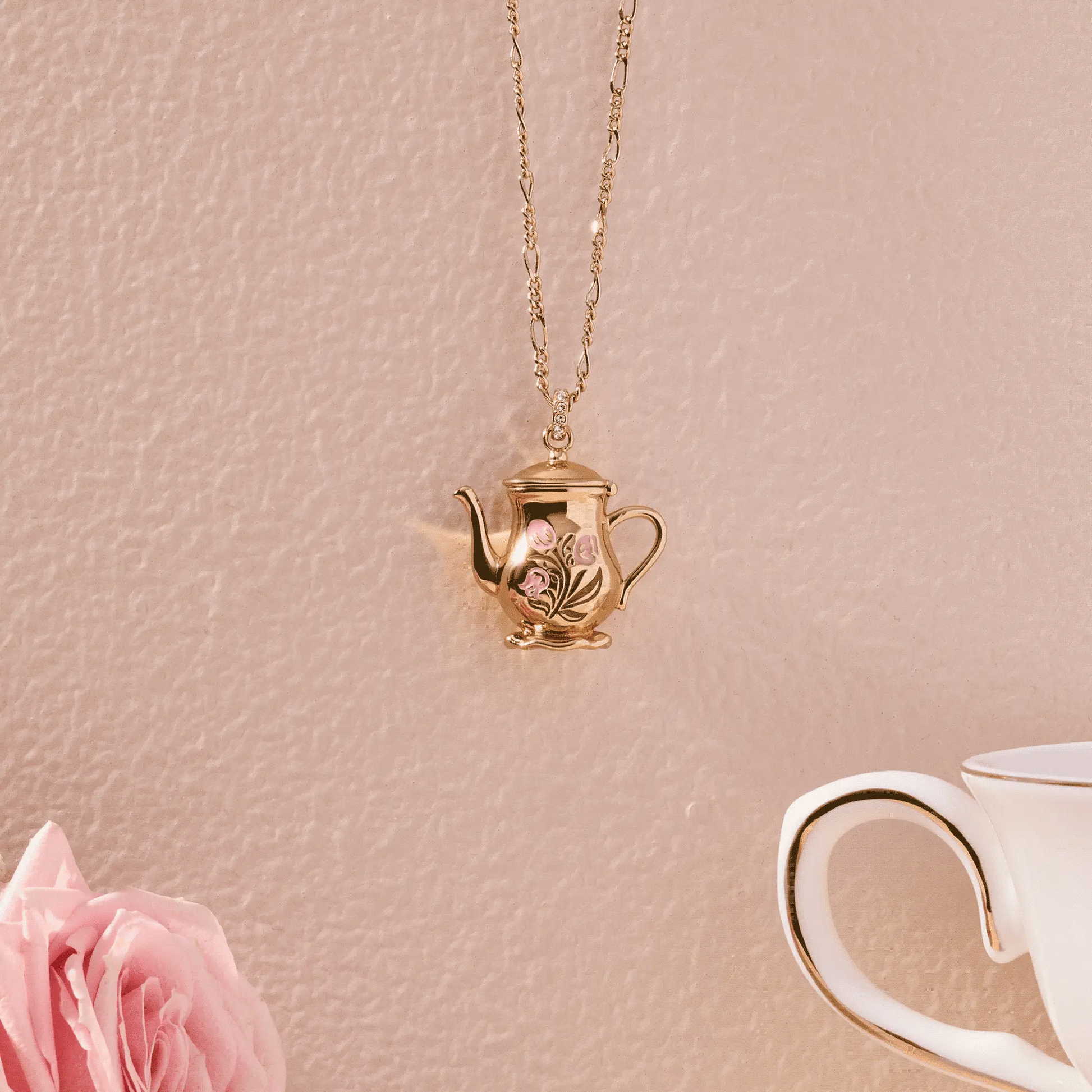 Tea Party Kettle Locket Necklace goldtone teapot pendant with pink enamel by ALEX AND ANI on Tampa Home & Garden Store