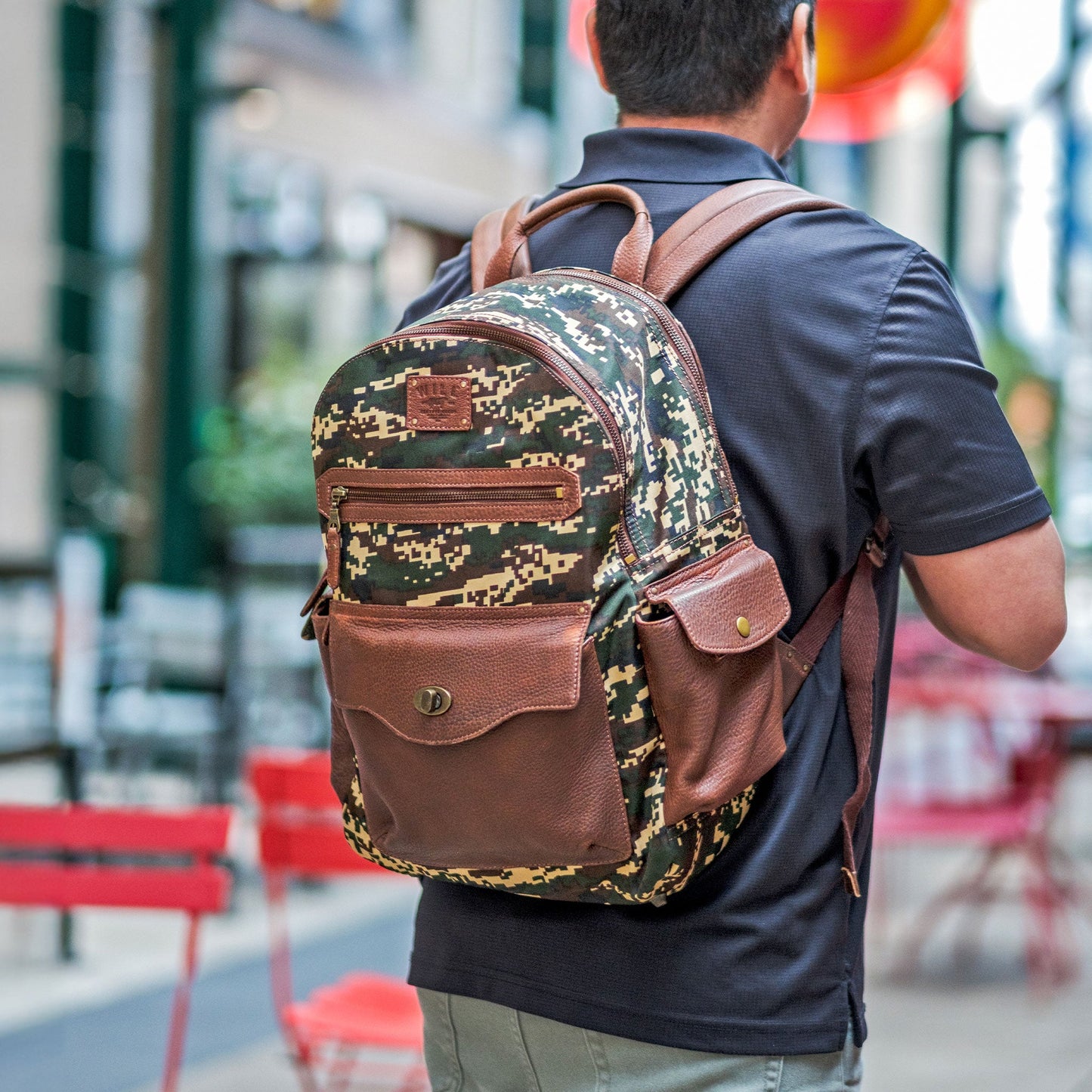 Canvas & Leather Backpack camo canvas with brown leather accents, Will Leather Goods on Tampa Home & Garden Store