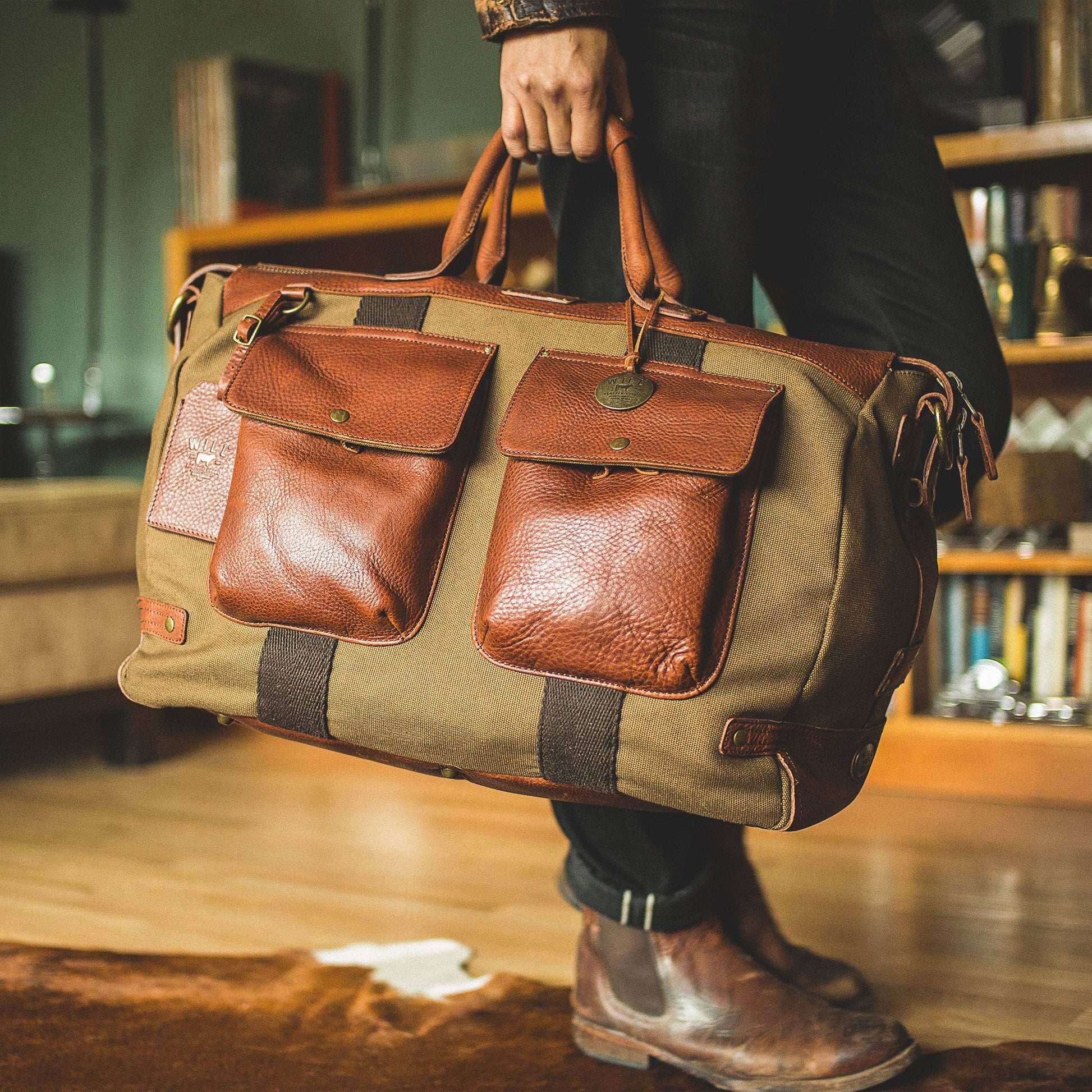 Canvas & Leather Travel Duffle by Will Leather Goods with brown leather pockets on Tampa Home & Garden Store