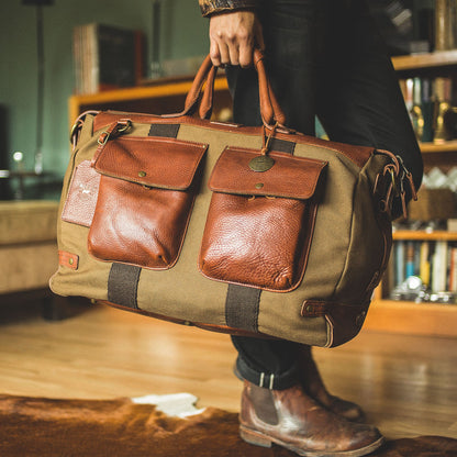Canvas & Leather Travel Duffle by Will Leather Goods with brown leather pockets on Tampa Home & Garden Store