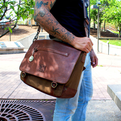 Wallace Messenger Bag by Will Leather Goods brown leather bag with front flap and brass hardware on Tampa Home & Garden Store