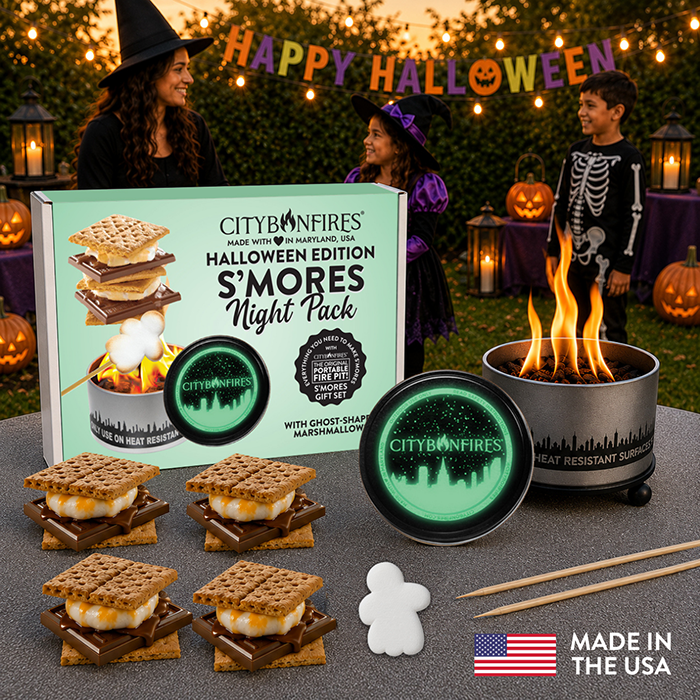 S'mores Night Pack by City Bonfires Halloween glow-in-the-dark lid fire pit kit on Tampa Home & Garden Store