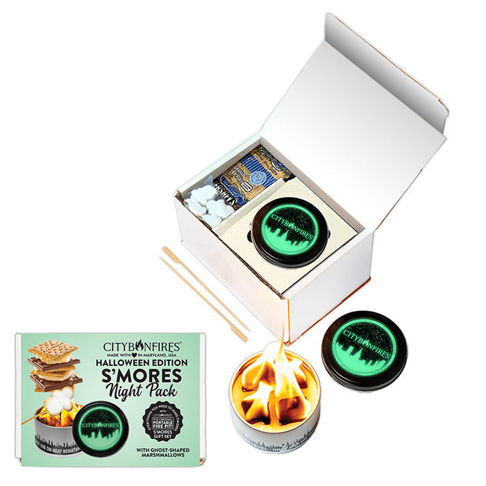 Halloween Glow in the Dark S'mores Night Pack City Bonfires, includes two glow tins on Tampa Home & Garden Store
