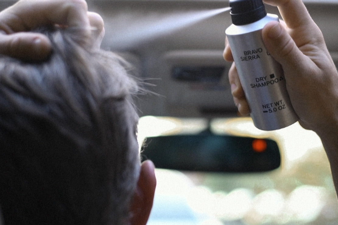 Bravo Sierra gray dry shampoo spray being applied to hair in car interior on Tampa Home & Garden Store