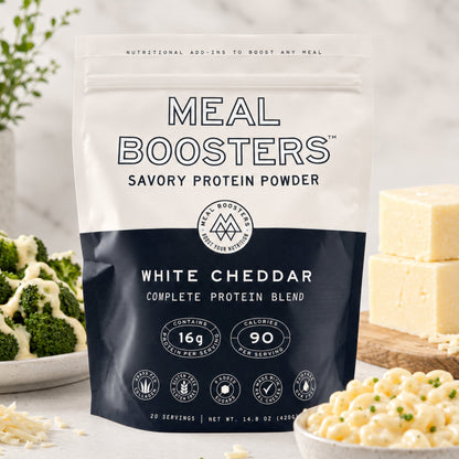 Meal Boosters White Cheddar protein powder bag surrounded by broccoli and cheese pieces on Tampa Home & Garden Store