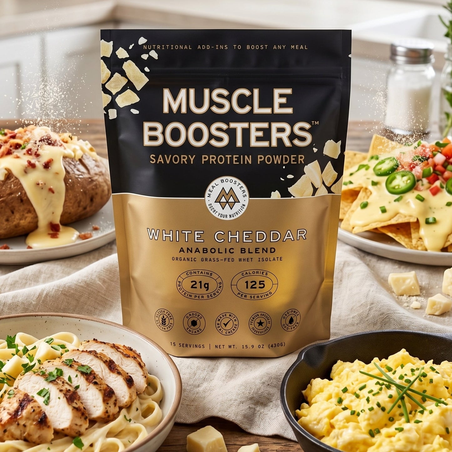 Muscle Boosters White Cheddar anabolic blend protein powder bag by Meal Boosters on Tampa Home & Garden Store