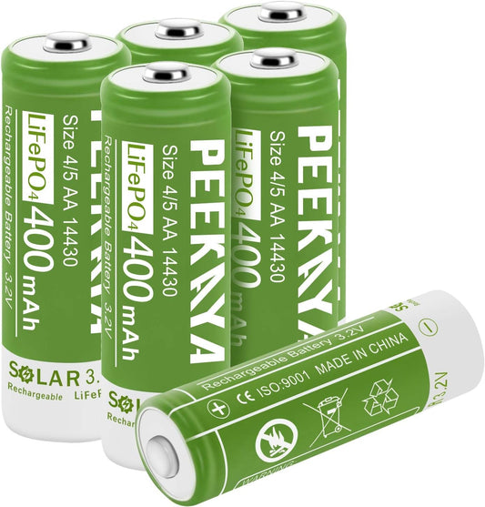 PEEKAYA 14430 Rechargeable Batteries – 3.2V 400mAh LiFePO4 Solar Batteries (6-Pack) – Long Life, High-Cycle Lithium Iron Phosphate Battery for Solar Lights, Flashlights, and More - Tampa Home & Garden Store