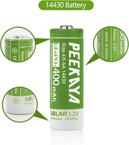 PEEKAYA 14430 Rechargeable Batteries – 3.2V 400mAh LiFePO4 Solar Batteries (6-Pack) – Long Life, High-Cycle Lithium Iron Phosphate Battery for Solar Lights, Flashlights, and More - Tampa Home & Garden Store