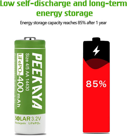 PEEKAYA 14430 Rechargeable Batteries – 3.2V 400mAh LiFePO4 Solar Batteries (6-Pack) – Long Life, High-Cycle Lithium Iron Phosphate Battery for Solar Lights, Flashlights, and More - Tampa Home & Garden Store