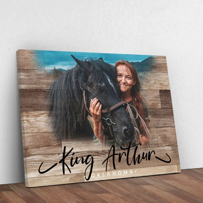 Canvas wall art wooden animal portrait sign with a woman and black horse on rustic wood planks on Tampa Home & Garden Store
