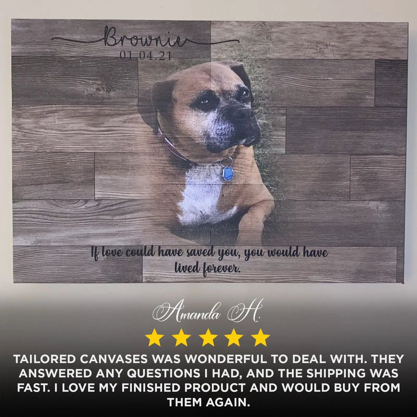 Canvas dog portrait on distressed wood plank background, personalized with name and date on Tampa Home & Garden Store