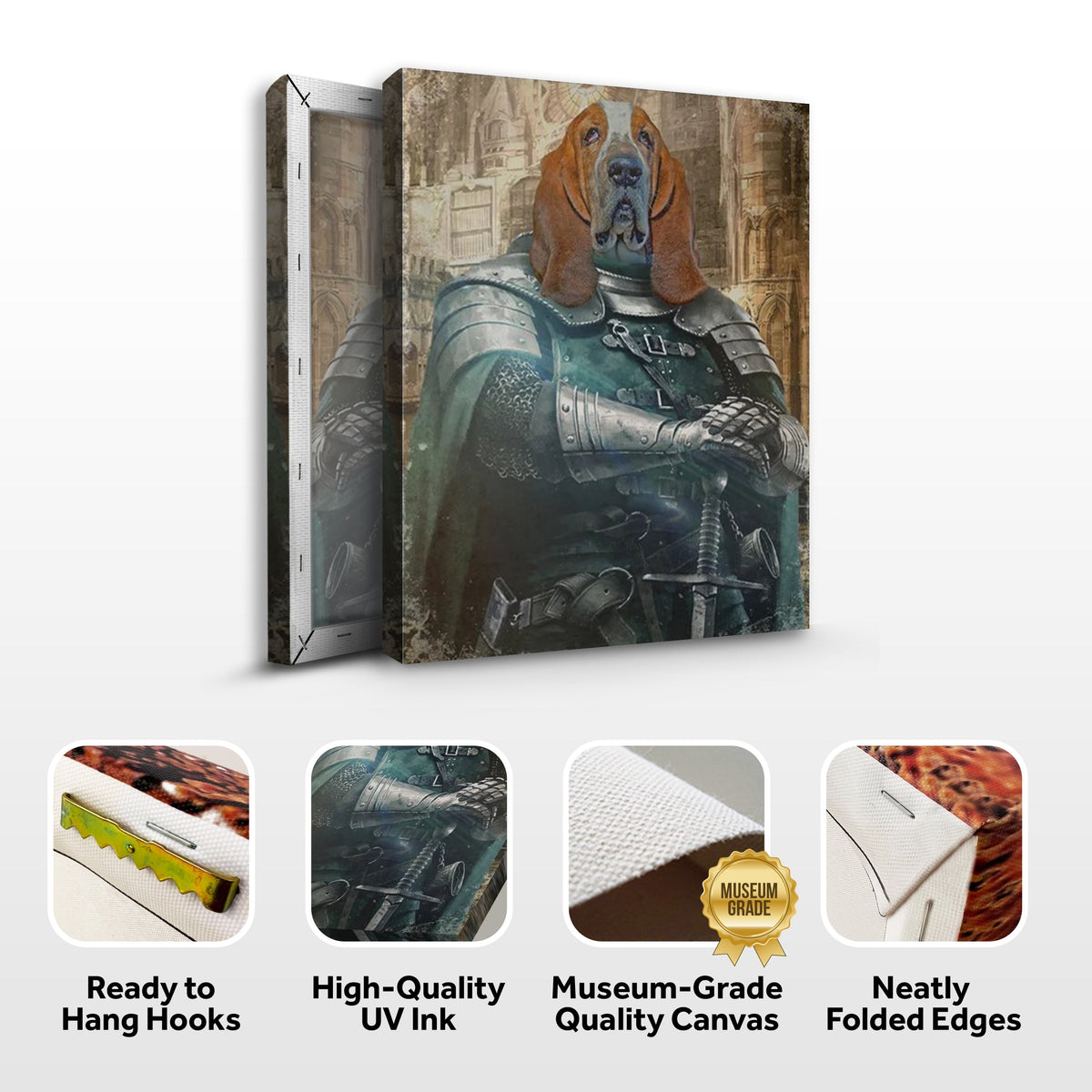 Pet Medieval Knight Portrait canvas by Tailored Canvases, featuring a Basset Hound in armor on Tampa Home & Garden Store