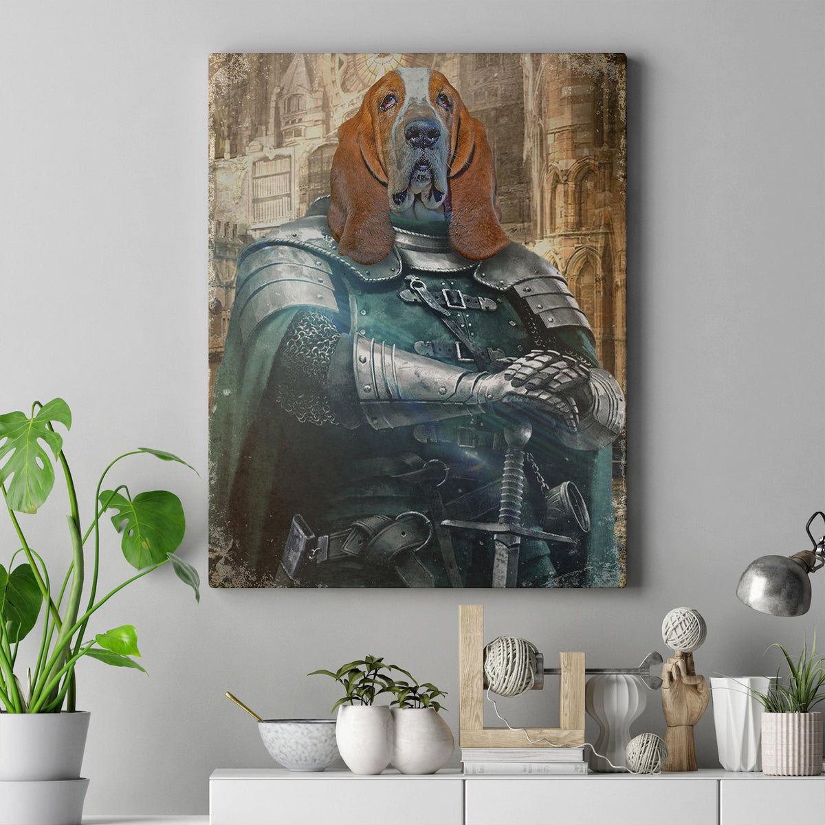 Pet Medieval Knight Portrait Canvas by Tailored Canvases featuring a Basset Hound in armor on Tampa Home & Garden Store