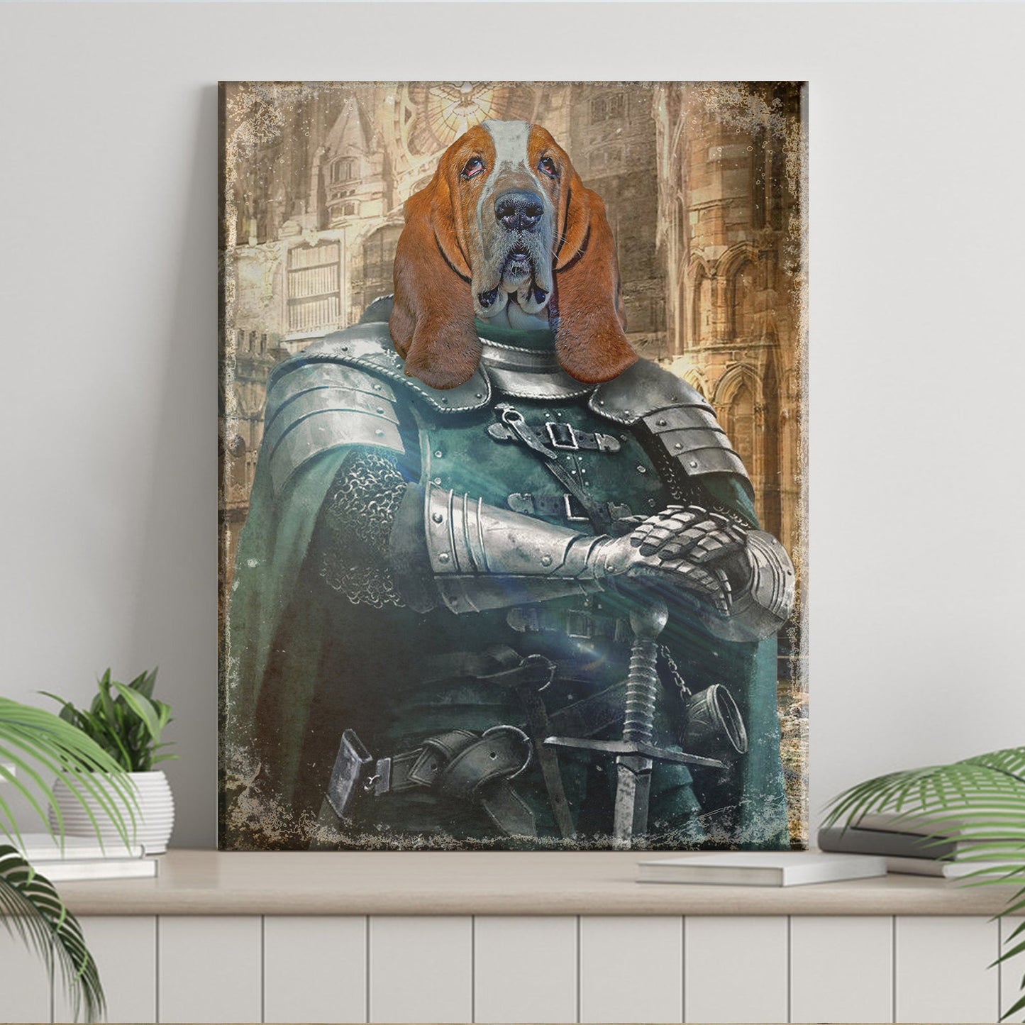 Pet Medieval Knight Portrait canvas with a Basset Hound in armor and cathedral backdrop on Tampa Home & Garden Store