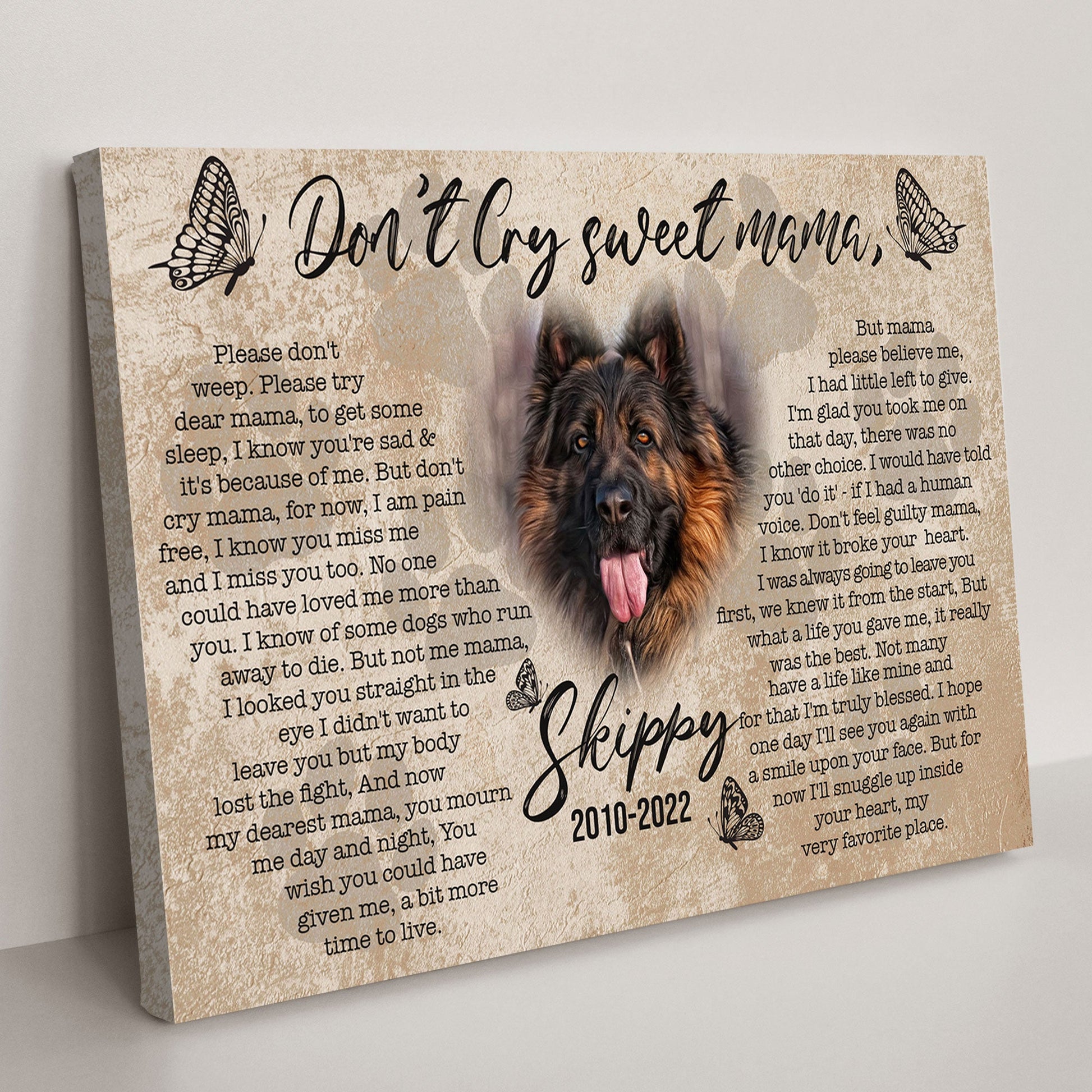 Pet Don't Cry Sweet Mama Sign canvas by Tailored Canvases dog portrait with butterfly accents on Tampa Home & Garden Store