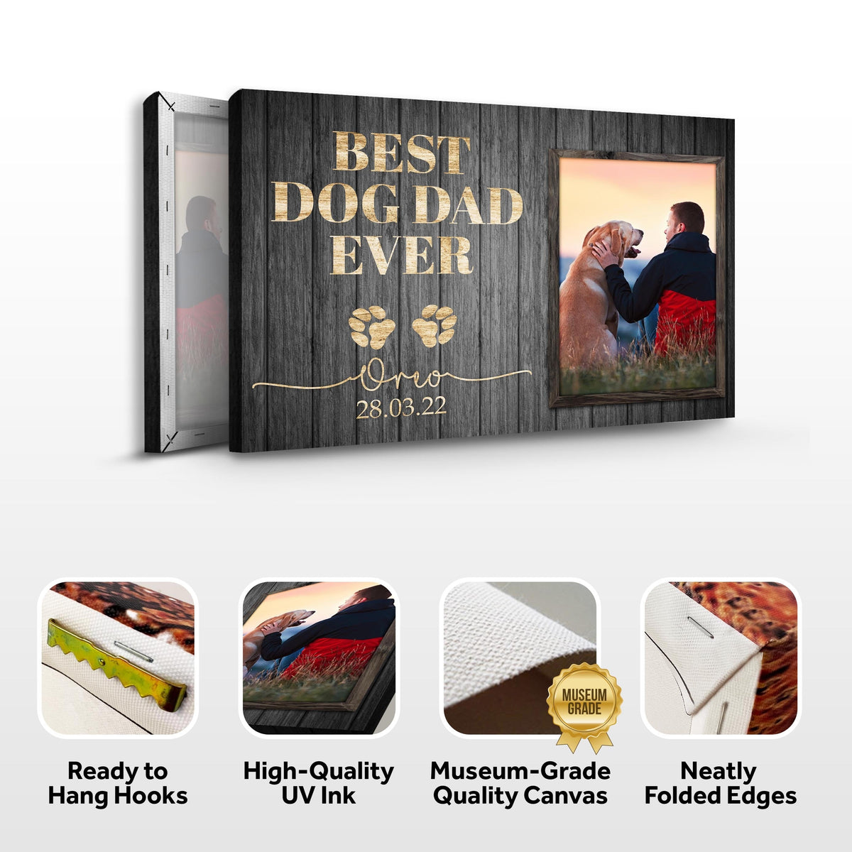 Best Dog Dad Ever Sign II canvas by Tailored Canvases on dark wood panel with gold lettering on Tampa Home & Garden Store