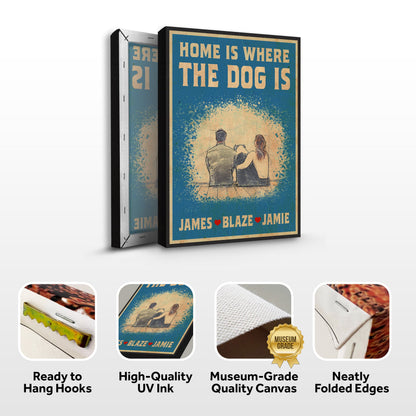 Home Is Where The Dog Is Sign II canvas; blue background with bold text and couple with dog on Tampa Home & Garden Store