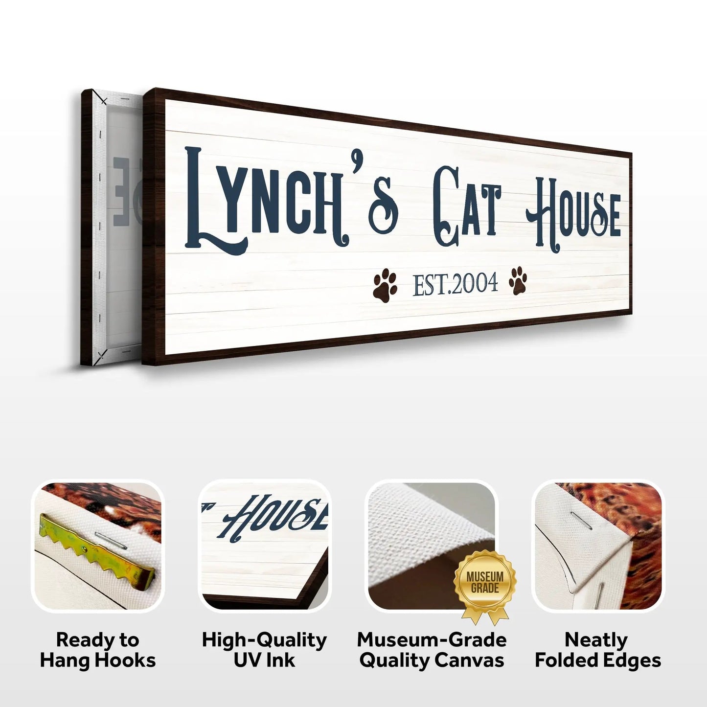 Cat House Sign canvas on whitewashed board with navy lettering Tailored Canvases on Tampa Home & Garden Store