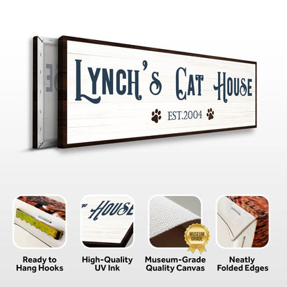 Cat House Sign canvas on whitewashed board with navy lettering Tailored Canvases on Tampa Home & Garden Store