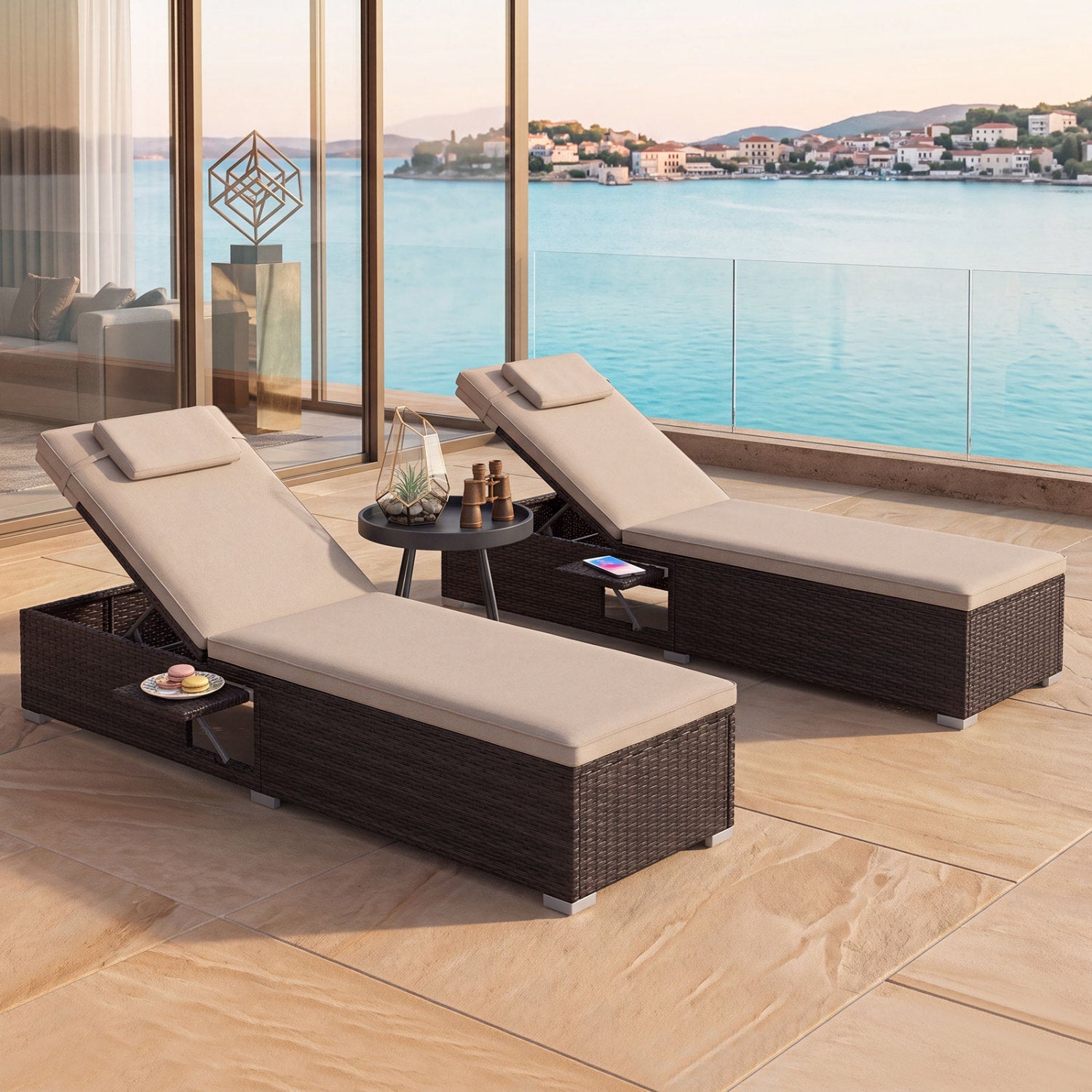 PE rattan chaise lounges set of 2 with 6-position backs and foldable side table, beige cushions on Tampa Home & Garden Store
