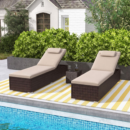 PE rattan chaise lounges set of 2 with 6-position backrests and foldable side table beige cushions on Tampa Home & Garden Store