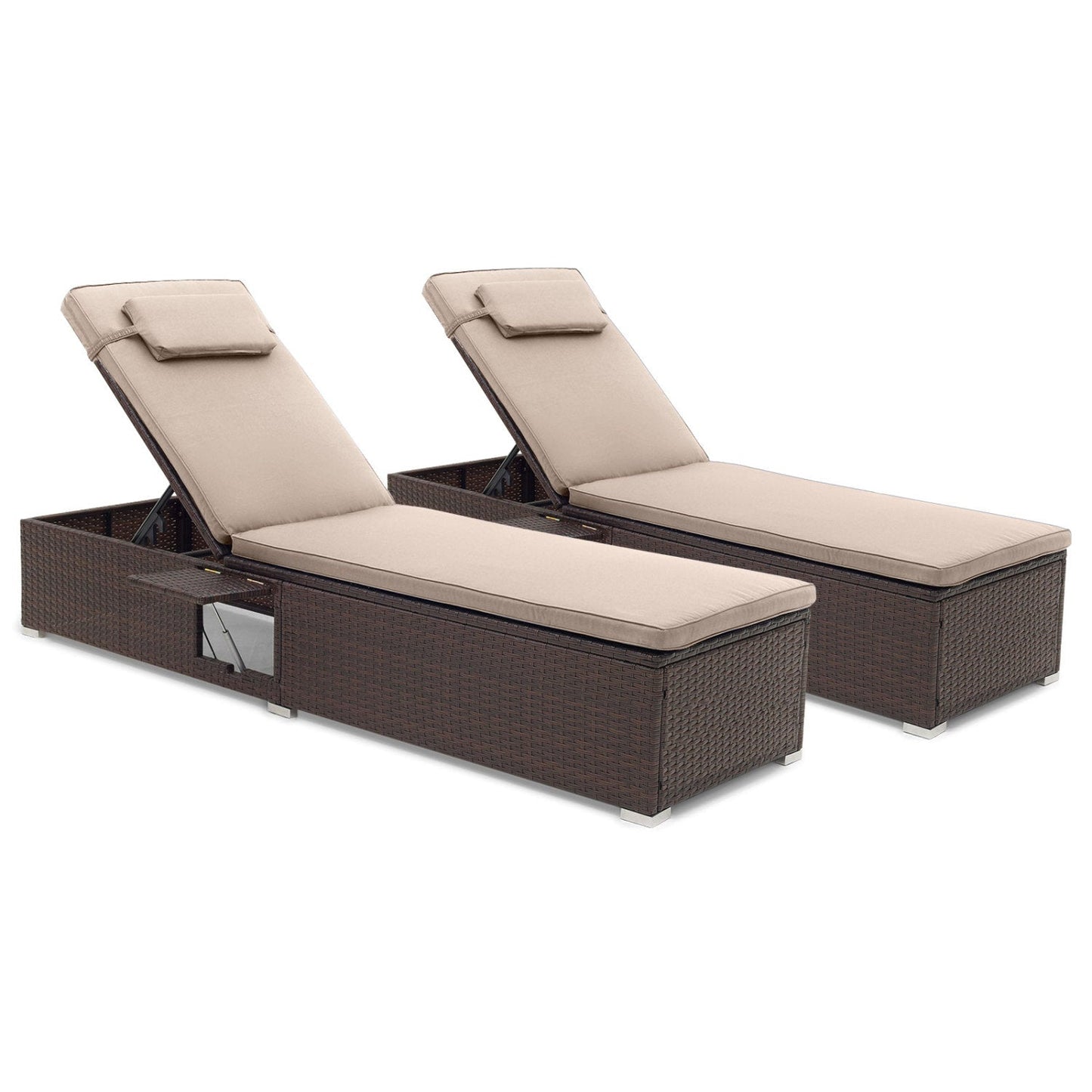 DirectDeals rattan chaise lounges 2-pc with 6-pos backs and foldable side table beige cushions on Tampa Home & Garden Store