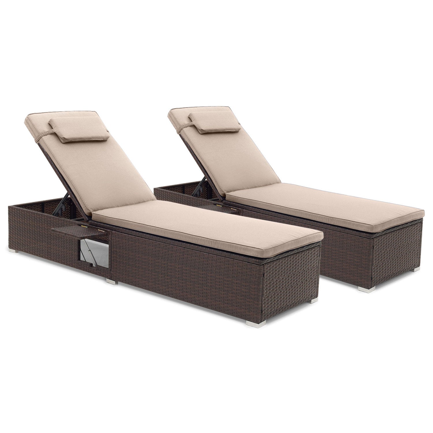 DirectDeals rattan chaise lounges 2-pc with 6-pos backs and foldable side table beige cushions on Tampa Home & Garden Store