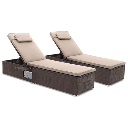 DirectDeals rattan chaise lounges 2-pc with 6-pos backs and foldable side table beige cushions on Tampa Home & Garden Store