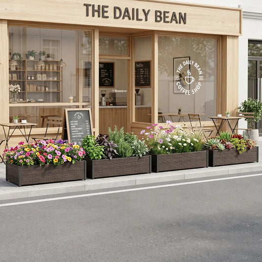 Elevated PE rattan raised garden bed 46x24 displayed along shopfront with flowers on Tampa Home & Garden Store