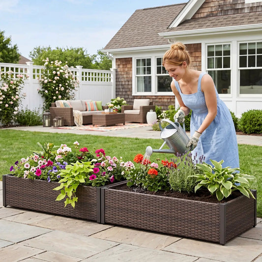 Elevated Raised Garden Bed set with PE Rattan, brown wicker, 2-pack, 46" x 24", DirectDeals on Tampa Home & Garden Store