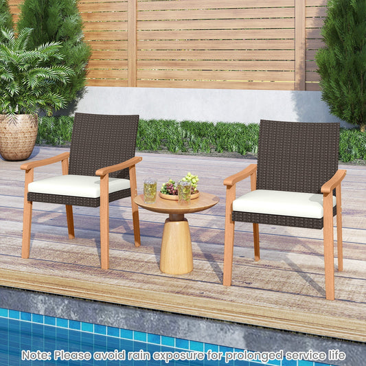 PE Rattan Outdoor Patio Dining Chair Set of 2 with Removable Cushion and Acacia Wood Armrests-White - Tampa Home & Garden Store