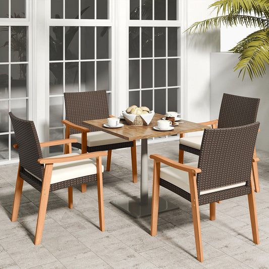 PE Rattan Outdoor Patio Dining Chair Set of 2 with Removable Cushion and Acacia Wood Armrests-White - Tampa Home & Garden Store