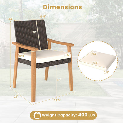PE Rattan Outdoor Patio Dining Chair Set of 4 with Removable Cushion and Acacia Wood Armrests-White - Tampa Home & Garden Store