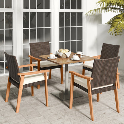 PE Rattan Outdoor Patio Dining Chair Set of 4 with Removable Cushion and Acacia Wood Armrests-White - Tampa Home & Garden Store