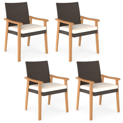 PE Rattan Outdoor Patio Dining Chair Set of 4 with Removable Cushion and Acacia Wood Armrests-White - Tampa Home & Garden Store