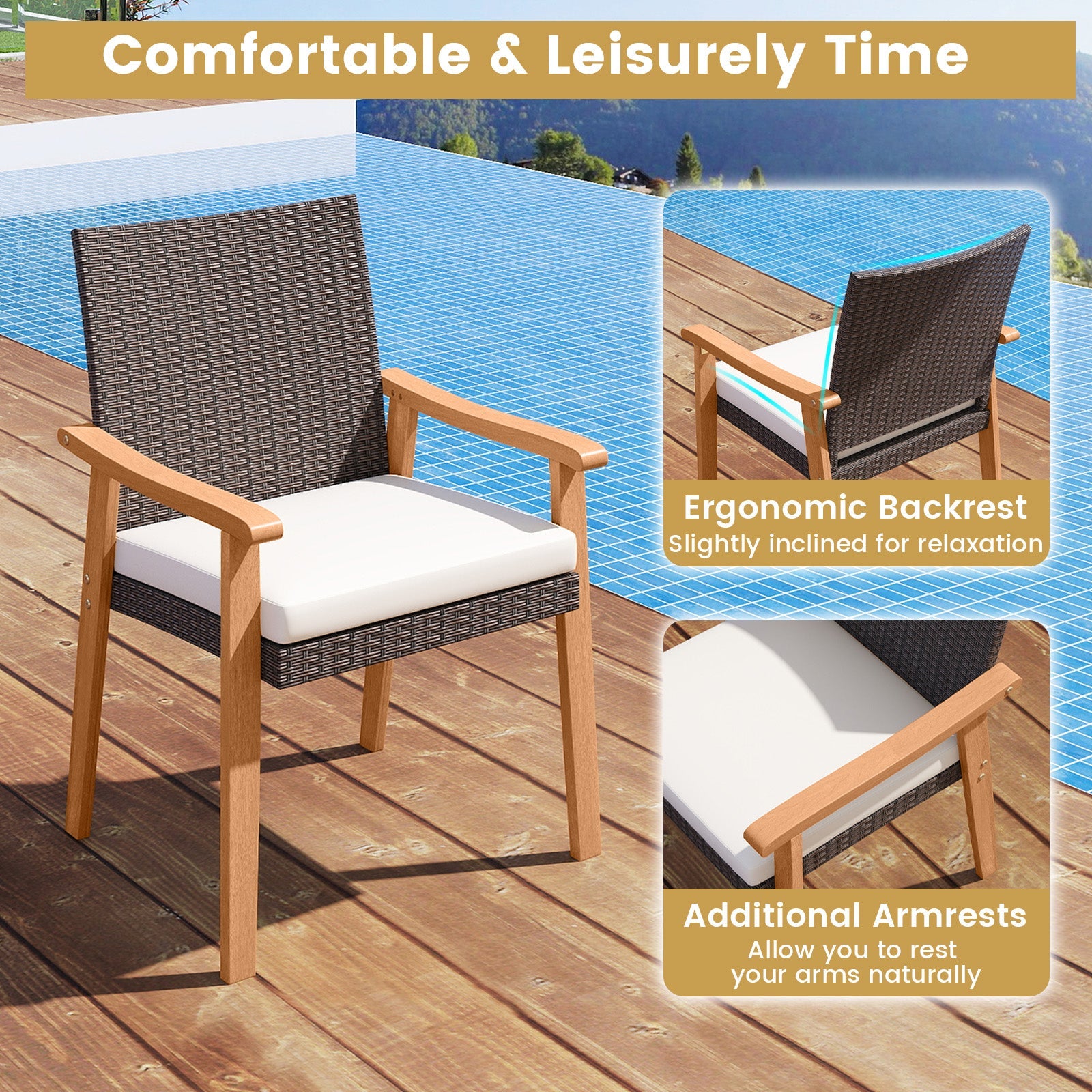 PE Rattan Outdoor Patio Dining Chair Set of 4 with Removable Cushion and Acacia Wood Armrests-White - Tampa Home & Garden Store