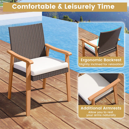 PE Rattan Outdoor Patio Dining Chair Set of 4 with Removable Cushion and Acacia Wood Armrests-White - Tampa Home & Garden Store