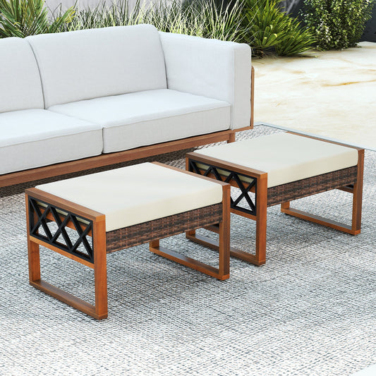 PE Rattan Wicker Ottomans Set of 2 with Removable Cushions-Beige - Tampa Home & Garden Store