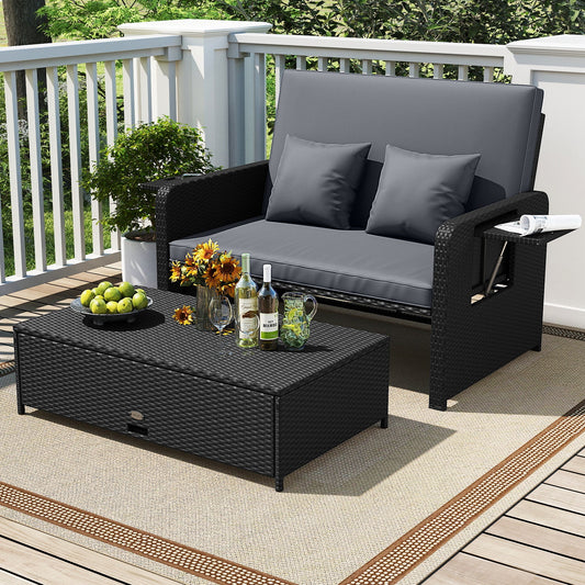 PE Wicker Outdoor Daybed with 4-Level Adjustable Backrest and Storage Ottoman - Tampa Home & Garden Store