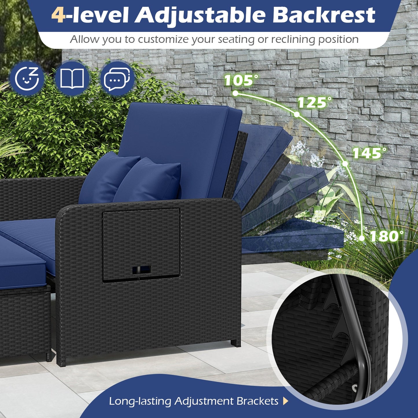 PE Wicker Outdoor Daybed with 4-Level Adjustable Backrest and Storage Ottoman