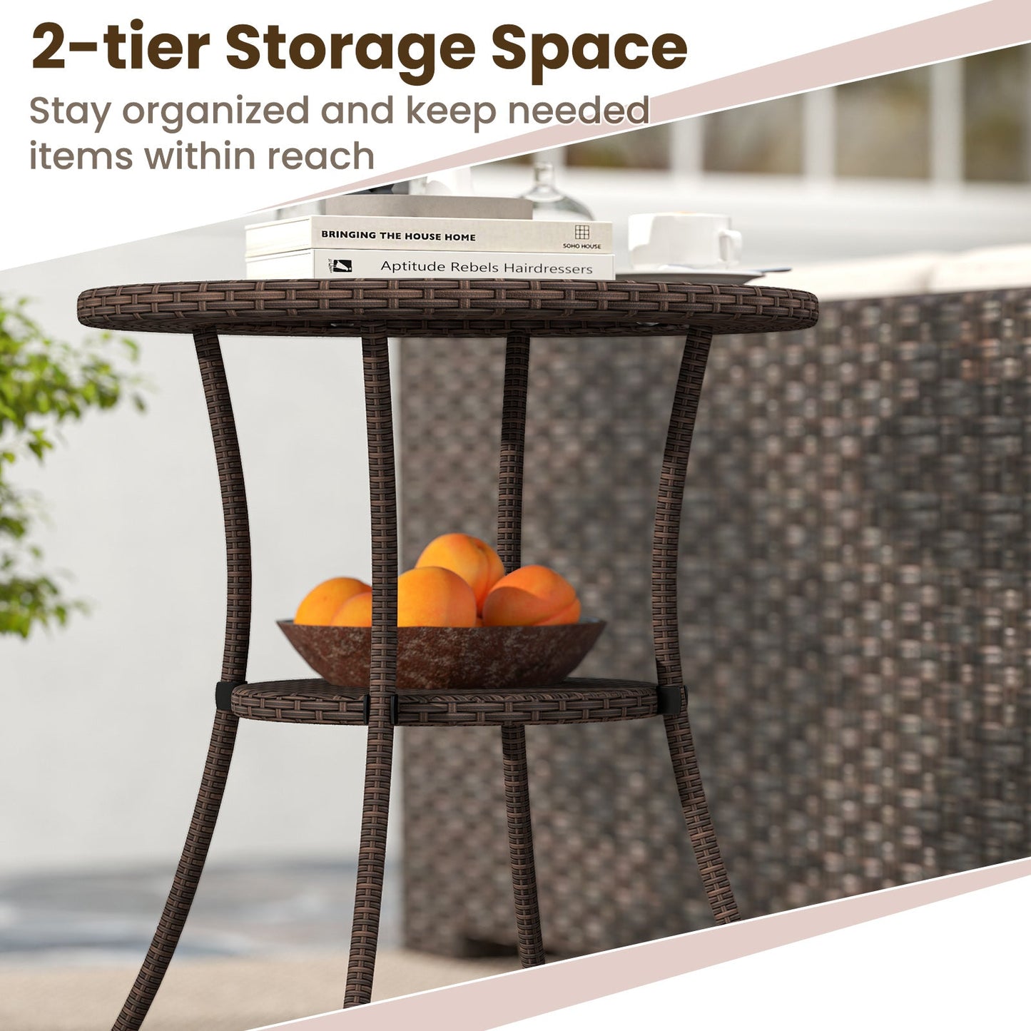 PE Wicker Patio Bistro Table Round with Tempered Glass Top and Shelf