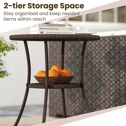 PE Wicker Patio Bistro Table Round with Tempered Glass Top and Shelf