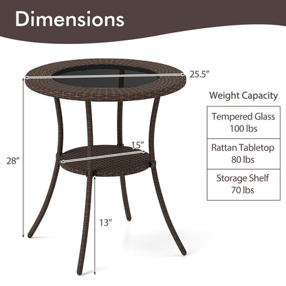 PE Wicker Patio Bistro Table Round with Tempered Glass Top and Shelf