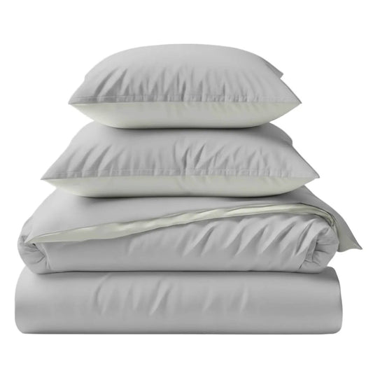 Two-Tone Bamboo Duvet Cover + 2 Shams Set, Pure Fiber, gray/ivory, stacked duvet with pillows on Tampa Home & Garden Store