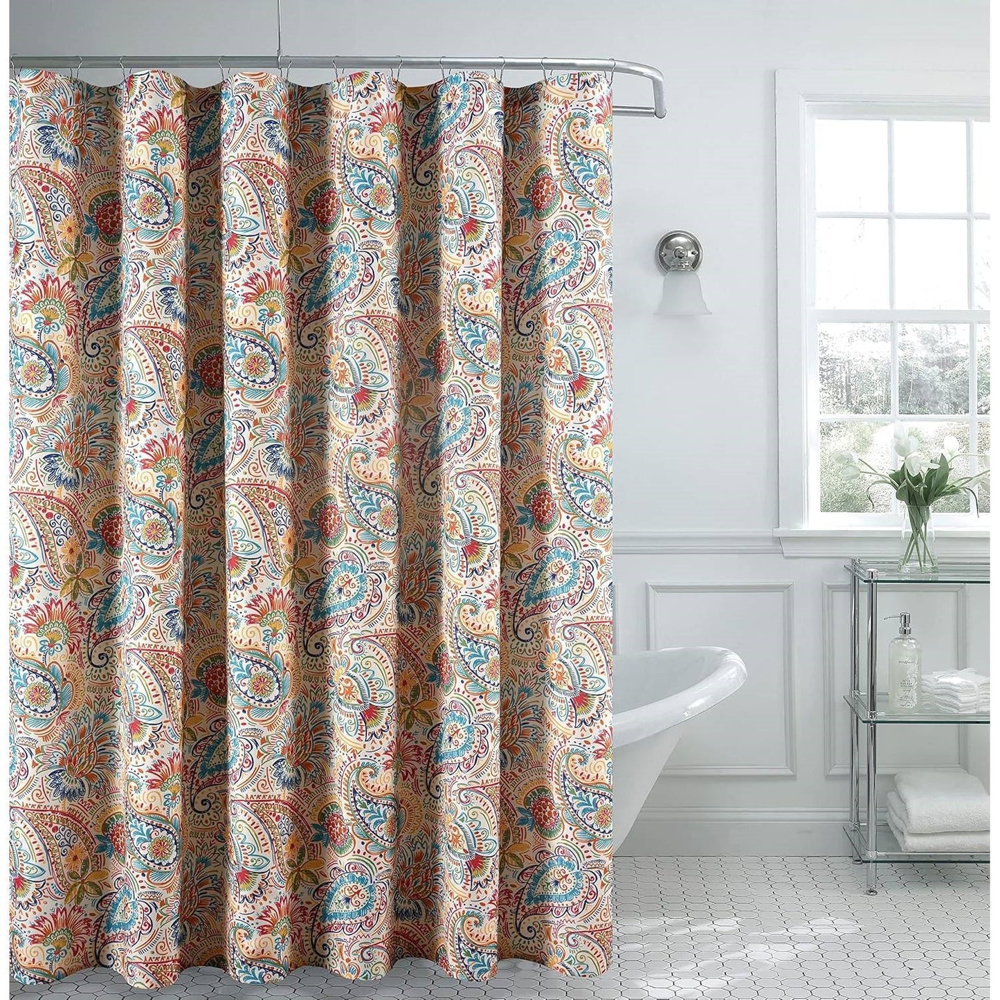 Cortina de ducha de tela de poliéster Paisley de 72 pulgadas en rojo, amarillo, blanco y verde azulado vibrante