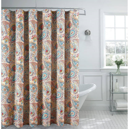 Cortina de ducha de tela de poliéster Paisley de 72 pulgadas en rojo, amarillo, blanco y verde azulado vibrante