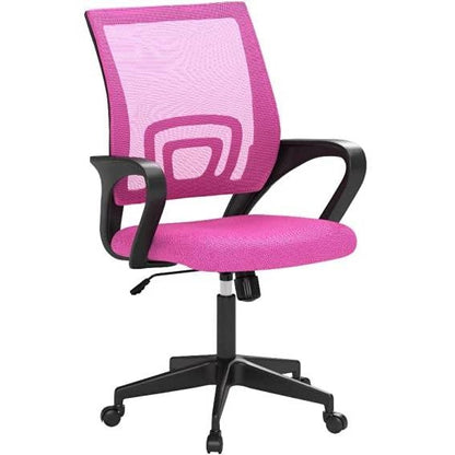 Silla de oficina ergonómica moderna de malla rosa con respaldo medio, reposabrazos y ruedas